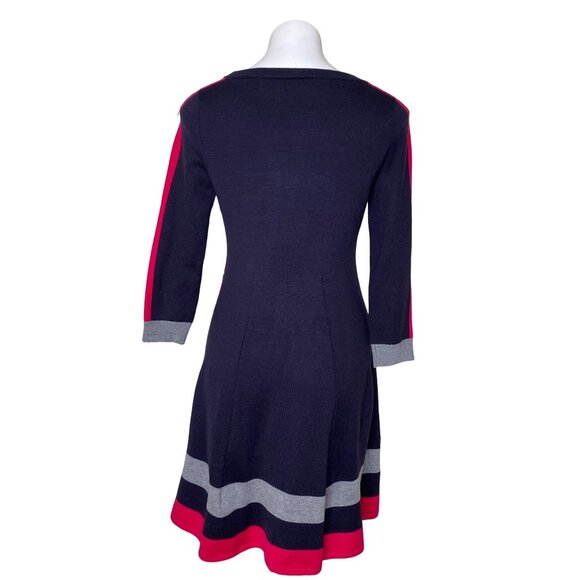 Vince Camuto NWT $128 Knit Fit & Flare Dress, Navy Red Gray Striped Trim Size S - Picture 4 of 8